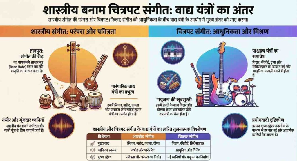 शास्त्रीय और चित्रपट संगीत के वाद्य यंत्रों में अंतर (Difference in Instruments)